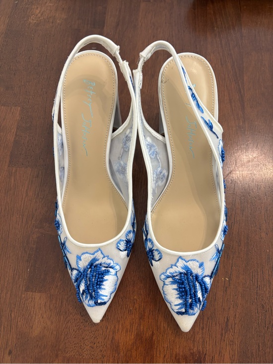 Betsey Johnson Shoes - Betsey Johnson White Slingback Pointed-Toe Mules with Blue Floral Embroidery